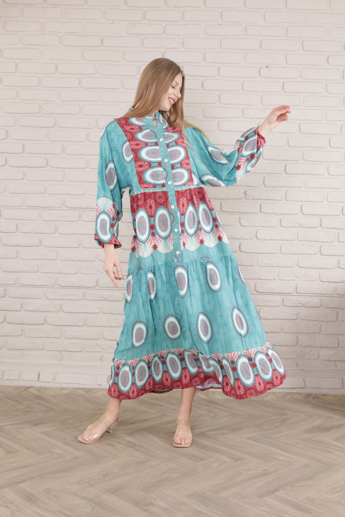 mervemoda-Rochie de damă de mărime Plus - cu nasturi în față și țesută 5