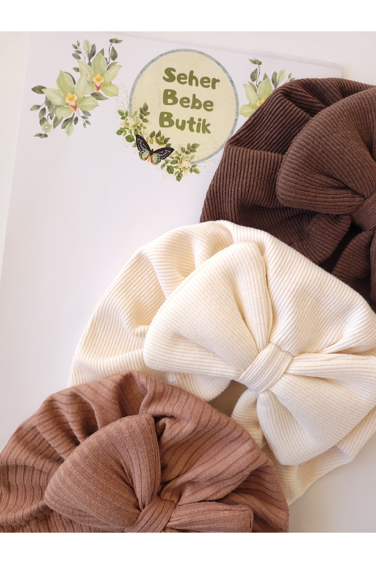 SeherBebeButik Kız Bebek & Çocuk Renkli Fiyonklu Bone 3'Lü Set fotoğrafı 2 (önizleme)