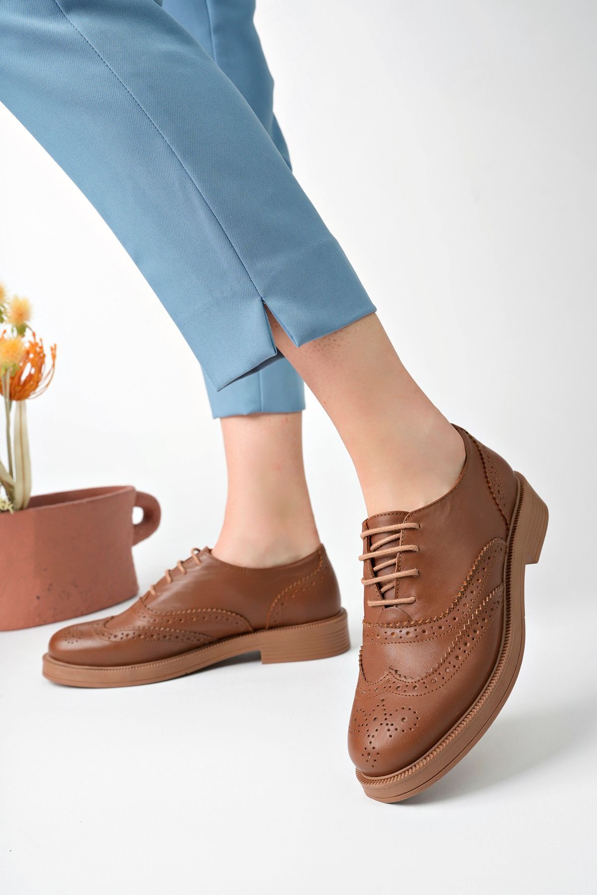 GNS Shoes Hakiki Deri Taba Bağcıklı Oxford Kadın Ayakkabısı