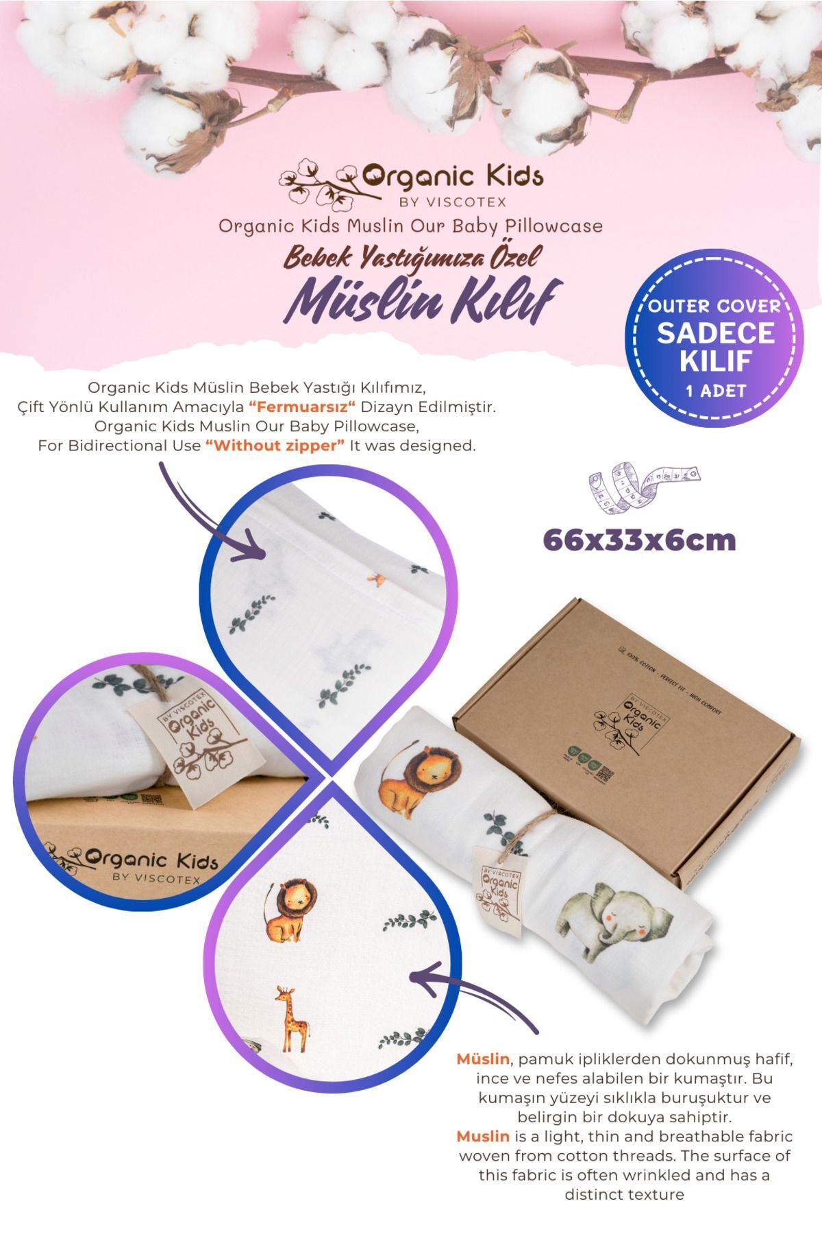 VİSCOTEX Çift Katlı Müslin Çocuk Yastık Kılıfı, %100 Organik Pamuk, 66x36x6 cm fotoğrafı 2 (önizleme)