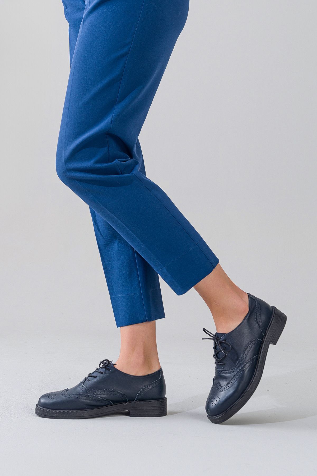 GNS Shoes-Genuine Leather Navy Blue Lace-Up Oxford Women's Shoes 2