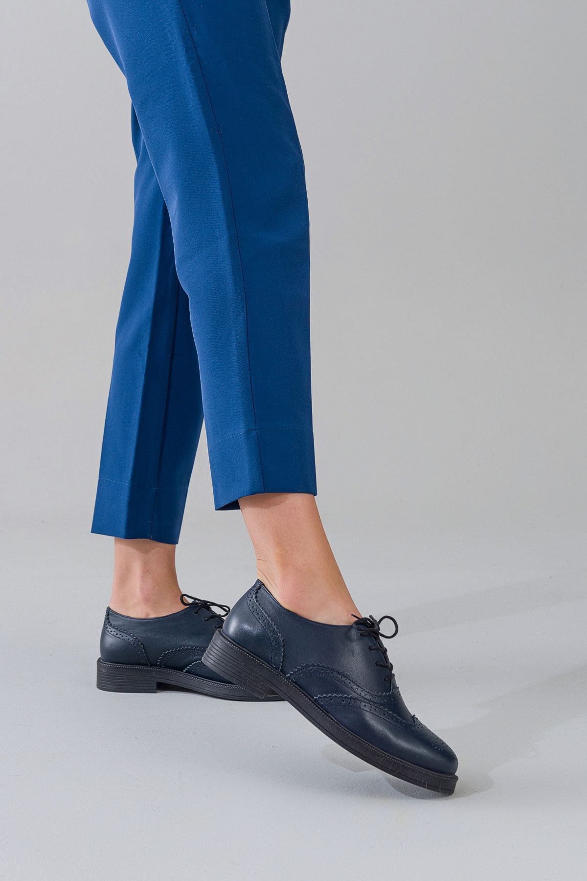 GNS Shoes-Genuine Leather Navy Blue Lace-Up Oxford Women's Shoes 3