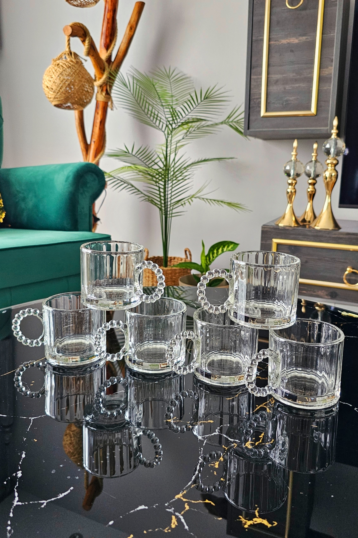 6 Lı Boncuklu Kulplu Cam Kupa 300 ml | Kulplu Çay Bardağı | Boncuk Cam Kupa Meşrubat Bardağı