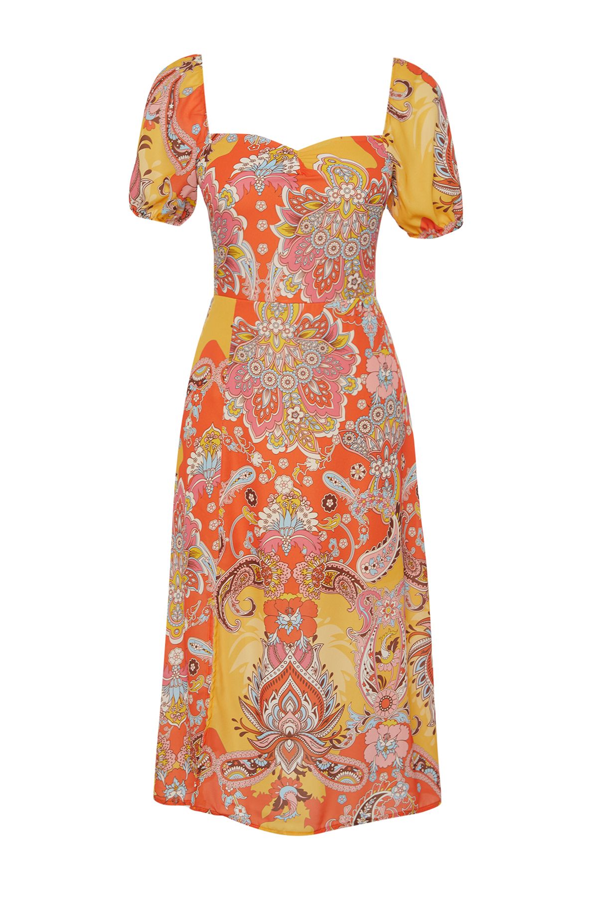 Trendyol Collection-Pomarańczowa wzorzysta linia A z kwadratowym kołnierzykiem i rozcięciem Midi z szyfonową tkaną sukienką TWOSS23EL01846 10