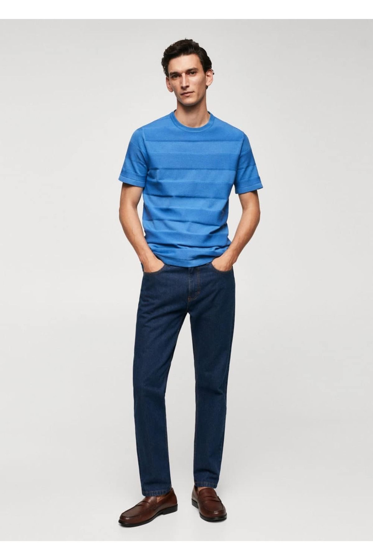 تی شرت آبی مردانه لباس بافتنی پنبه راه t shirt MANGO Man