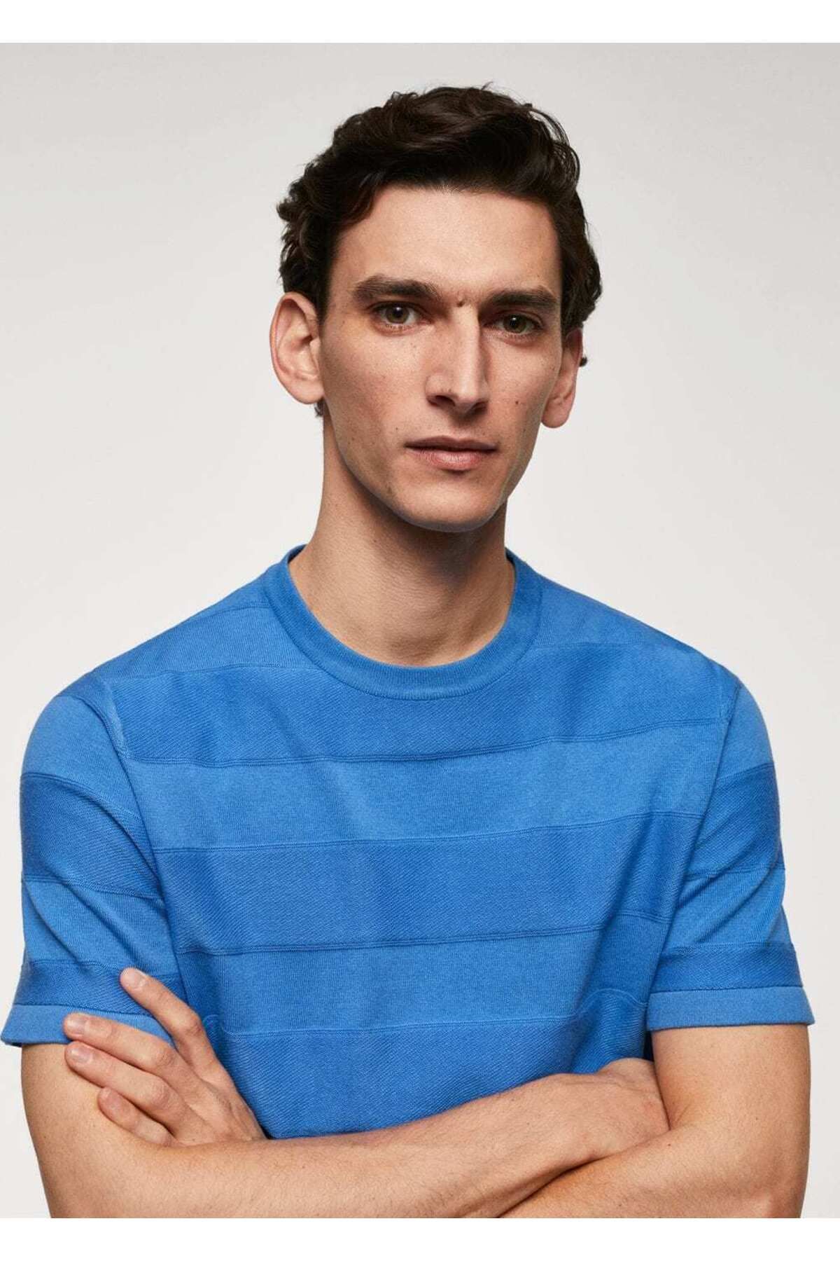 تی شرت آبی مردانه لباس بافتنی پنبه راه t shirt MANGO Man