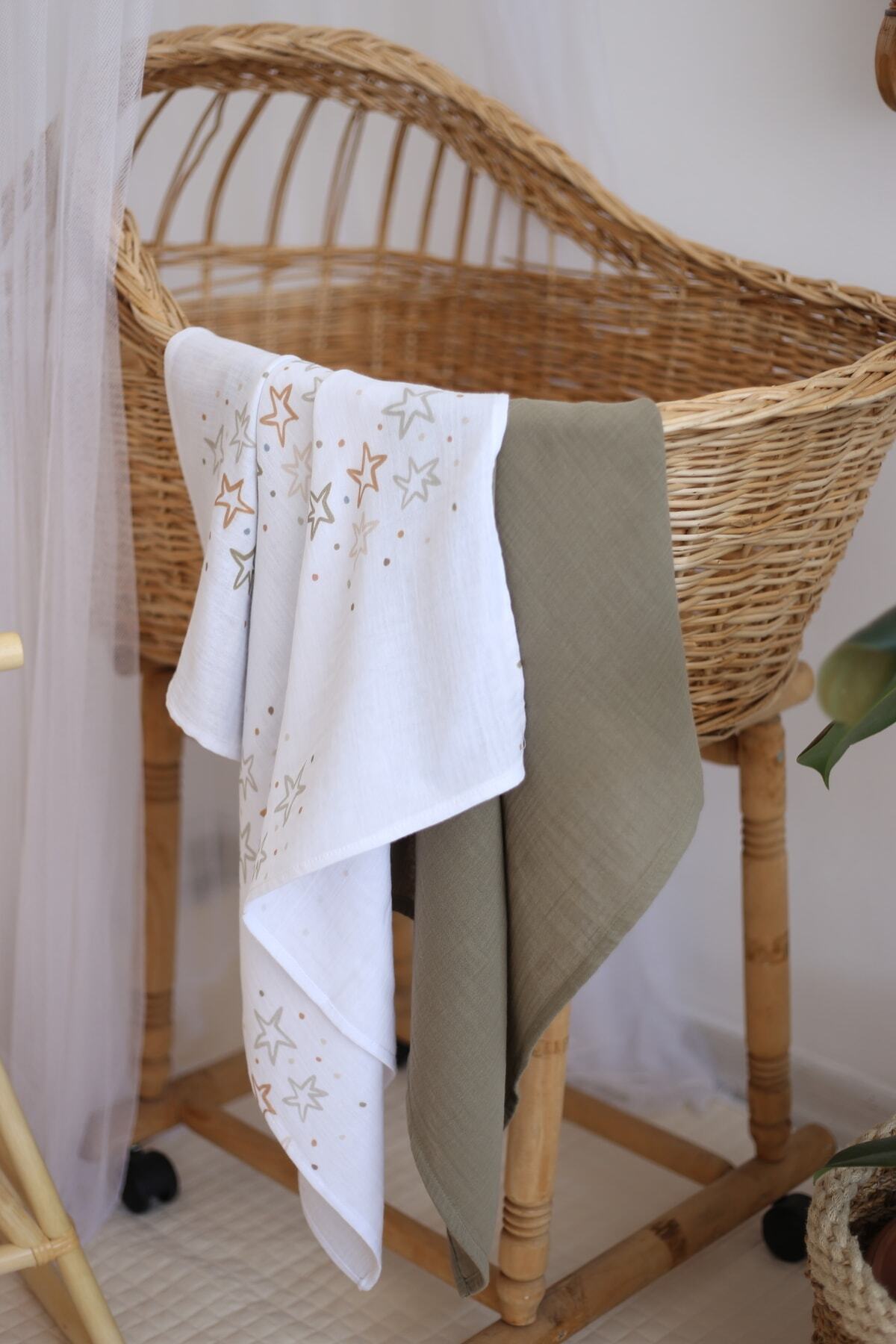%100 Organik Pamuk Yenidoğan Müslin Battaniye Seti Haki Yeşili Ve Yıldız Temalı Abm2 21002