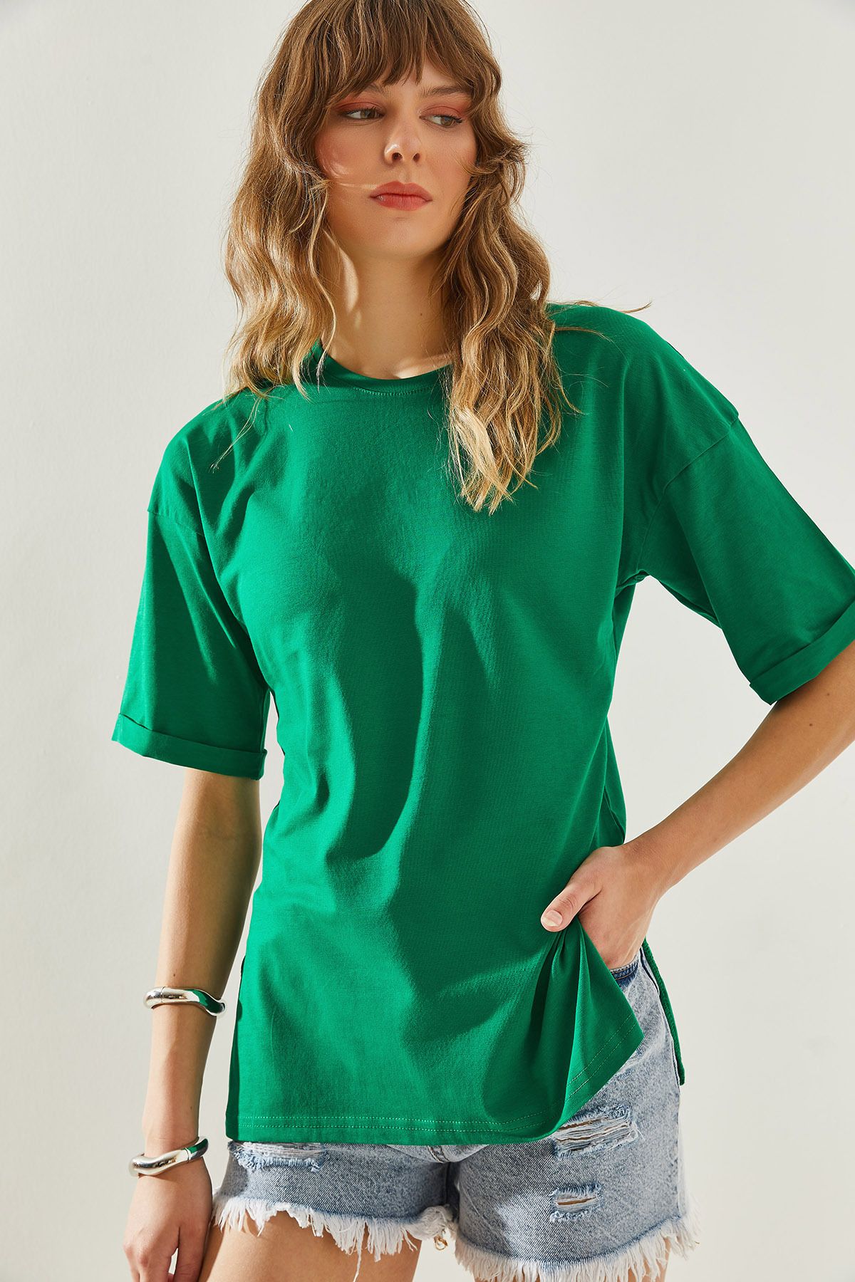 Bianco Lucci Rundhals-t-shirt Mit Geschlitztem Ärmeldetail – Kurzarm-basic-modell für Damen - M