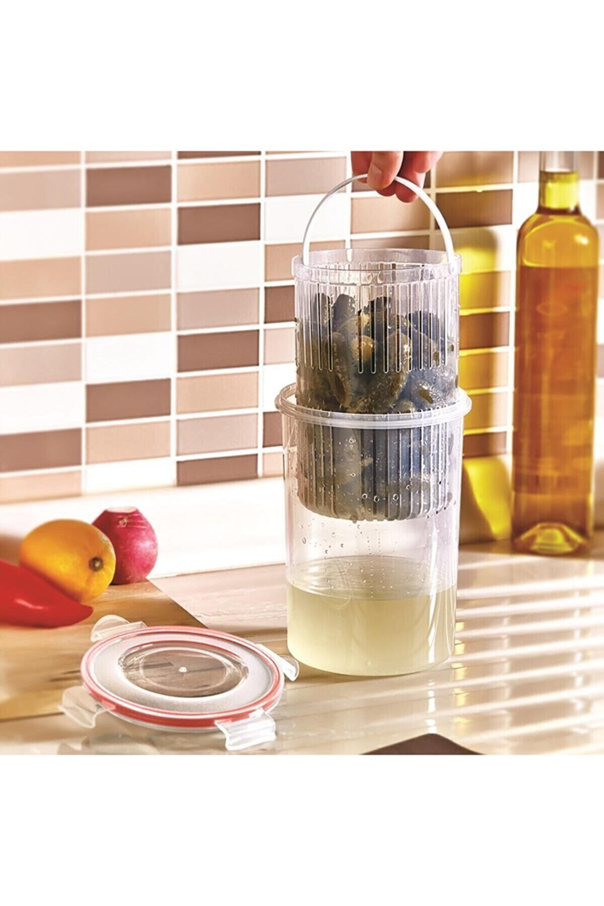 Viyalente-Deep Storage Container with Strainer (olive grove, Pickle Bowl) 1.5lt 2