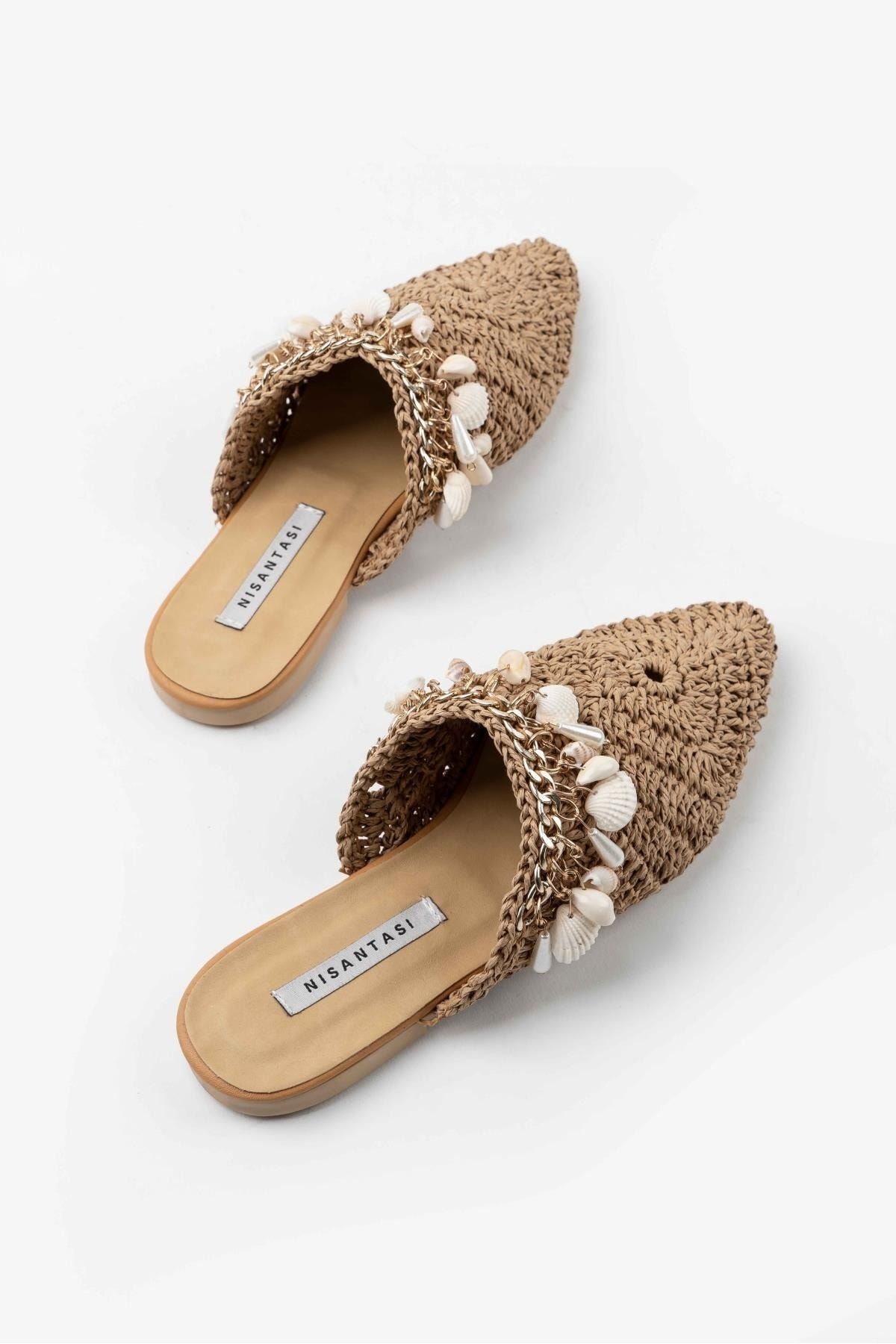 NİŞANTAŞI SHOES-Damskie kapcie Lisa Tan z dzianiny w kształcie muszli 5