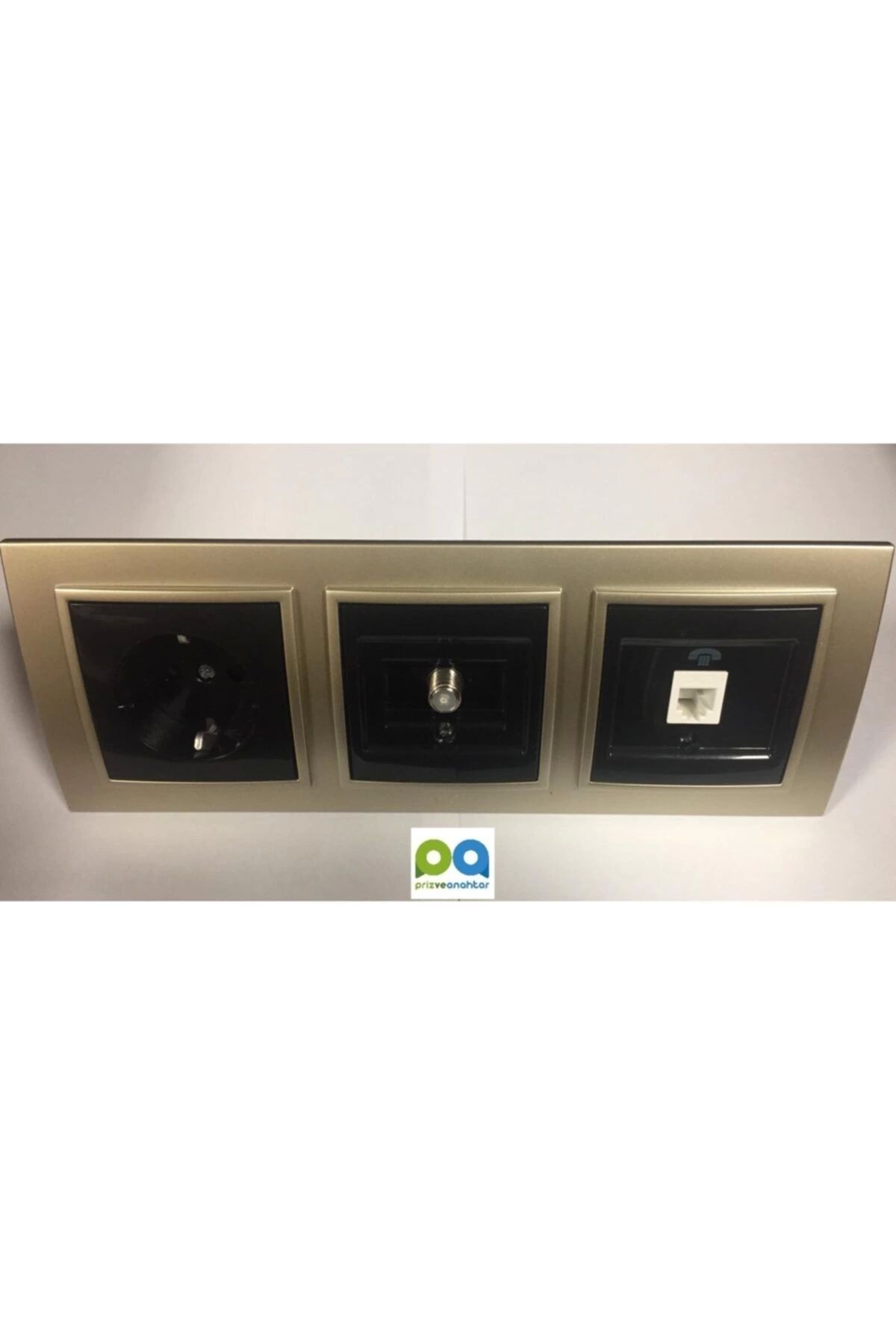 ELBİ-Zena Triple Set Grounded Socket Satellite Socket Telephone Socket Triple Frame Titanium Black Set 1