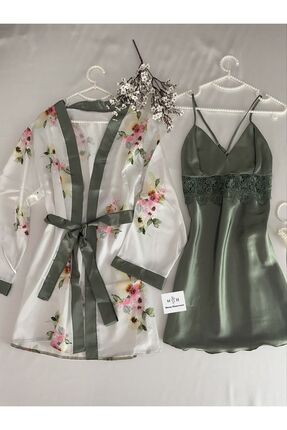 MH Moony Homewears Saten Yeşil Elmas Gecelik Sabahlık Seti