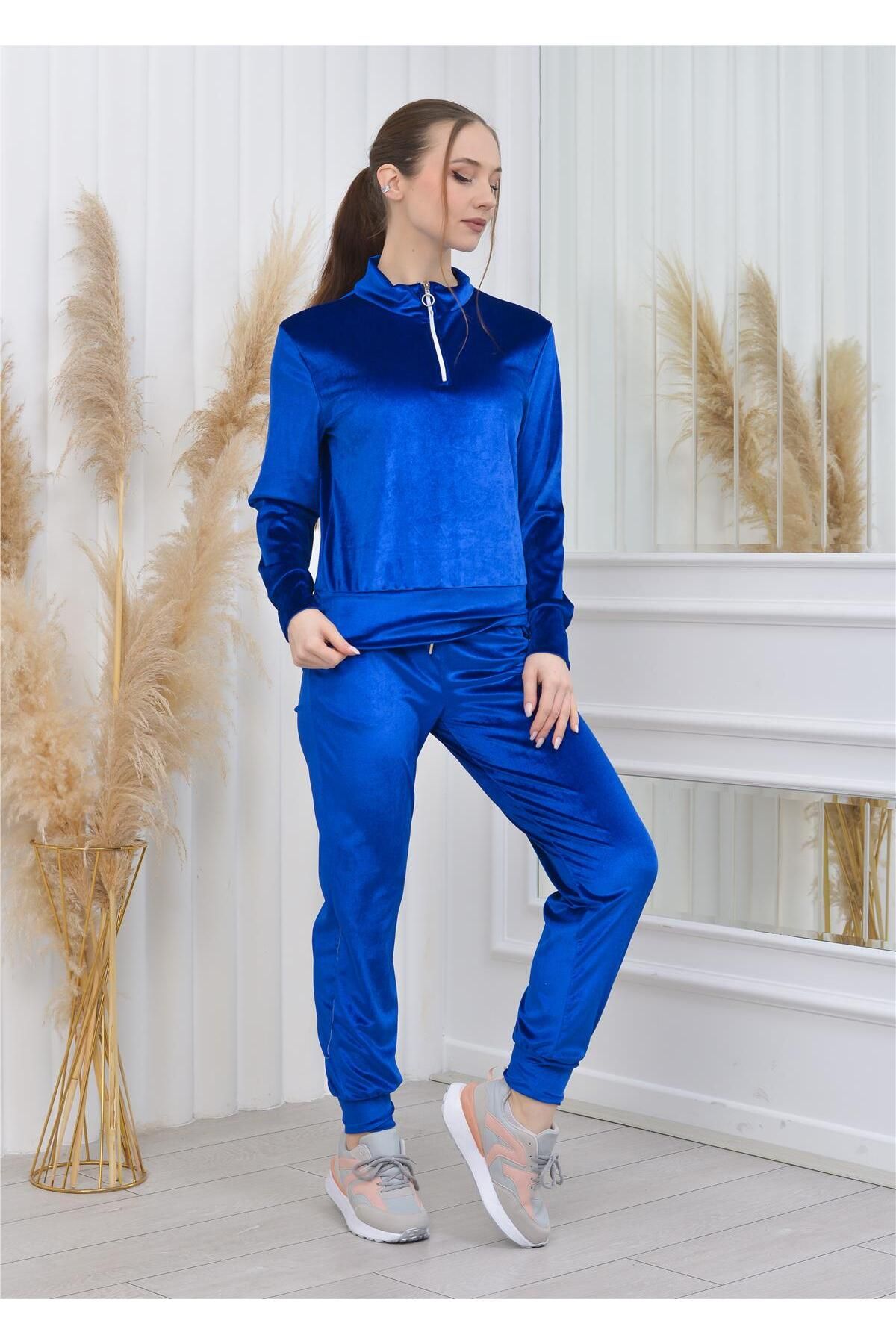Nuseel-Collared Half Zipper Velvet Set Saxe Color 4