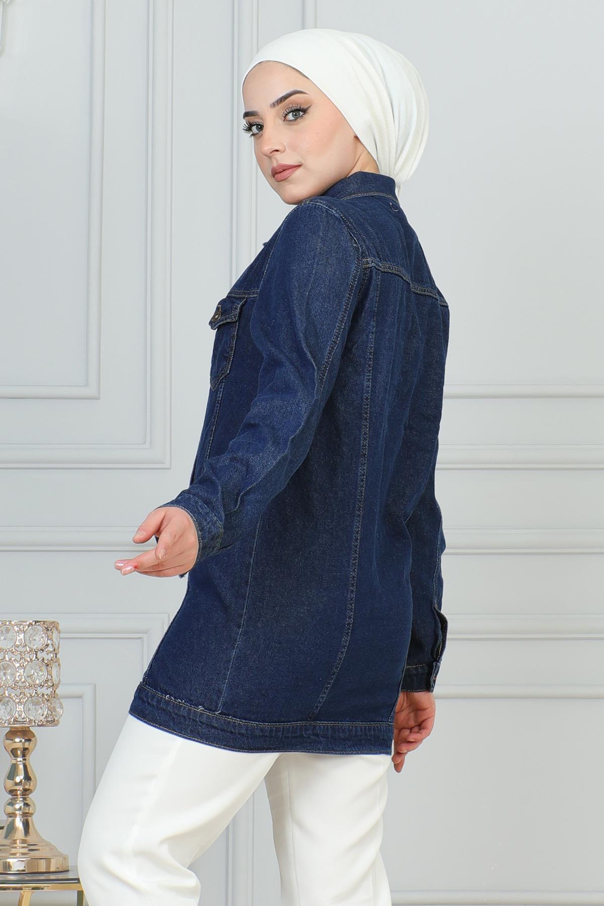 Modamihram-Dark Blue Buttoned Denim Jacket - 6105 4