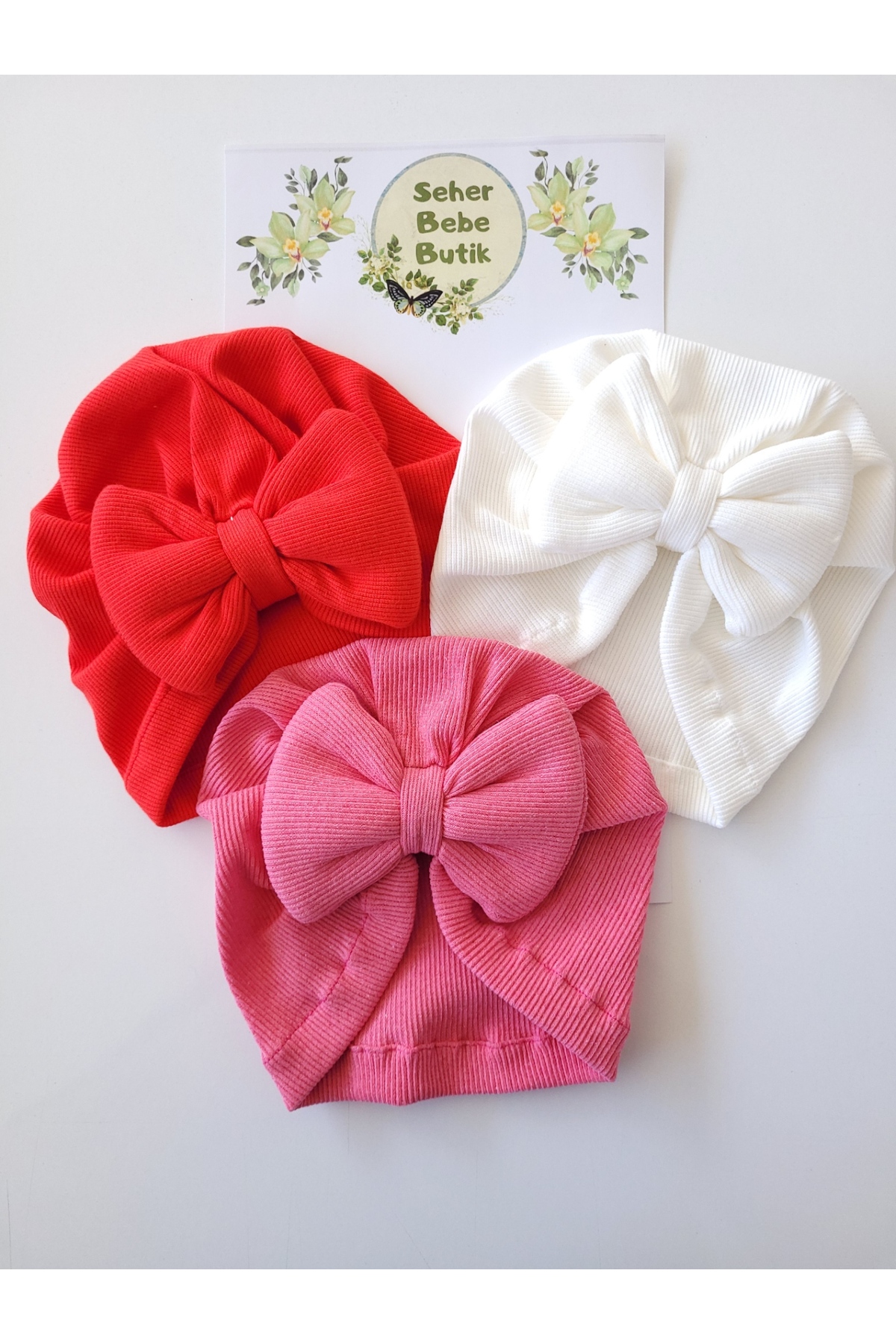 SeherBebeButik Kız Bebek & Çocuk Renkli Fiyonklu Bone 3'Lü Set fotoğrafı 2 (önizleme)