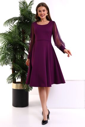 Fasmia Mürdüm Yuvarlak Yaka Kol Tül Elbise F117