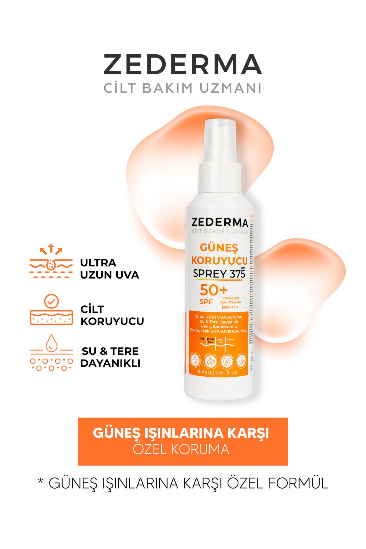 کرم ضد آفتاب SPF 50+ 150 میلی لیتر اسپری و محافظت فوق العاده طولانی UVA و مقاوم در برابر آب و عرق ZEDERMA