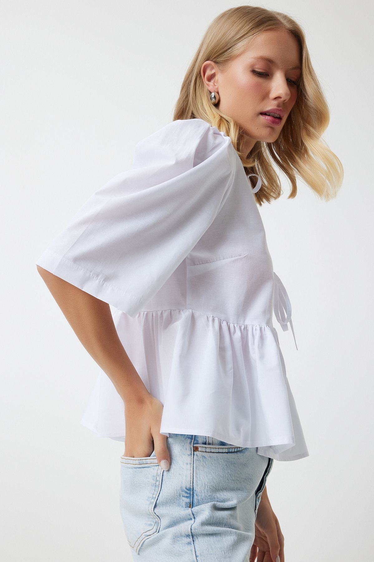 Happiness İstanbul-White Balloon Sleeve Bow Detailed Cotton Poplin Women's Blouse UL00022 5