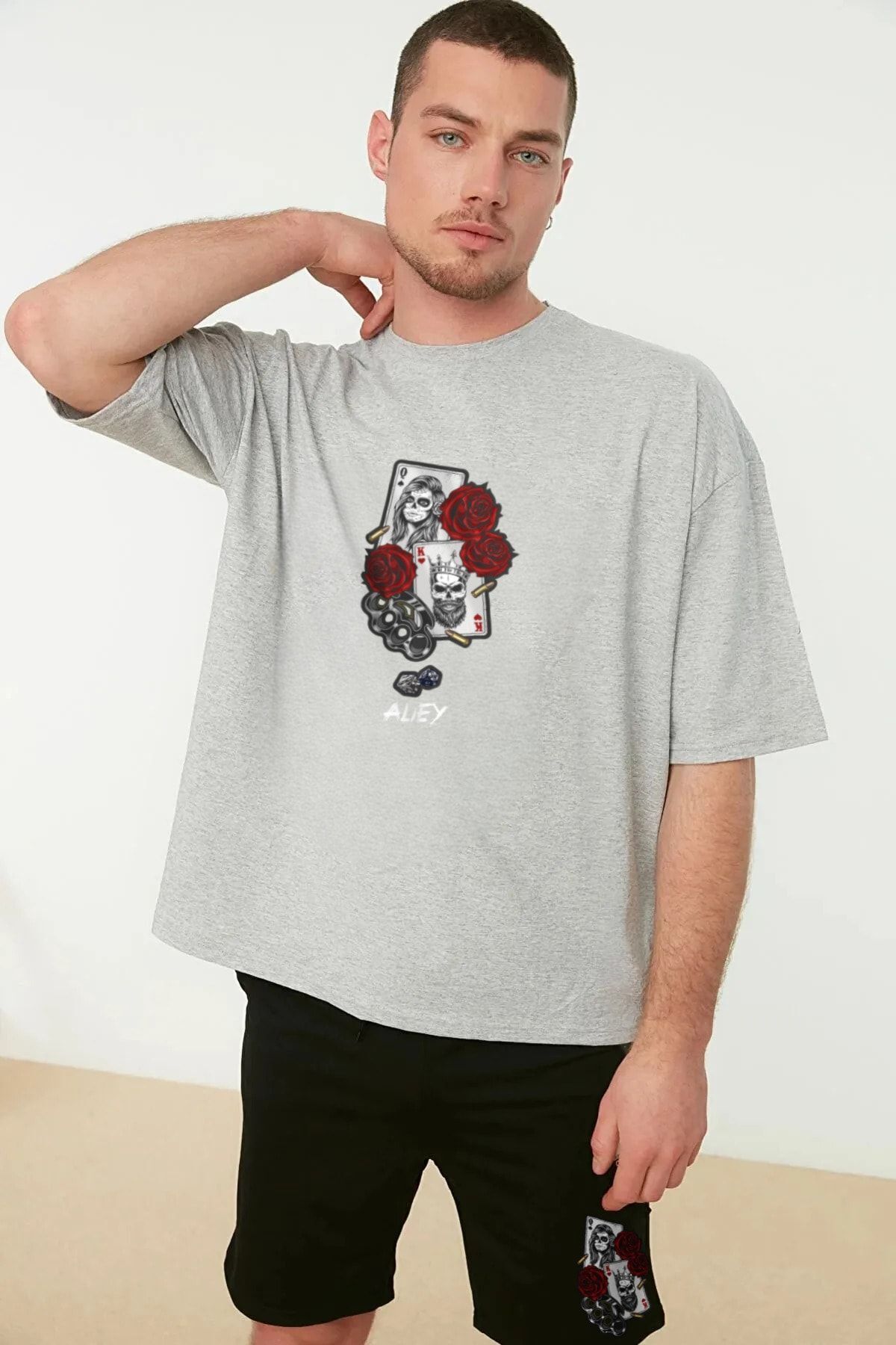 LAND MODA Set De Tricou Și Pantaloni Scurți Cu Model De Cărți De Joc Pentru Bărbați Masculin - 3XL