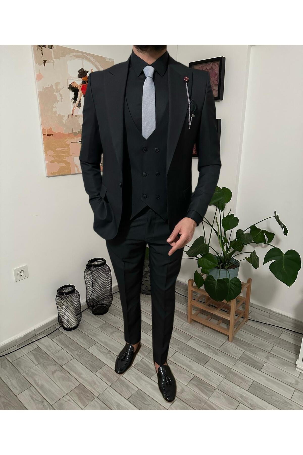 MISTER MR.PAPYON FASHION Erkek Yelekli Dar Kesim Takım Elbise Siyah