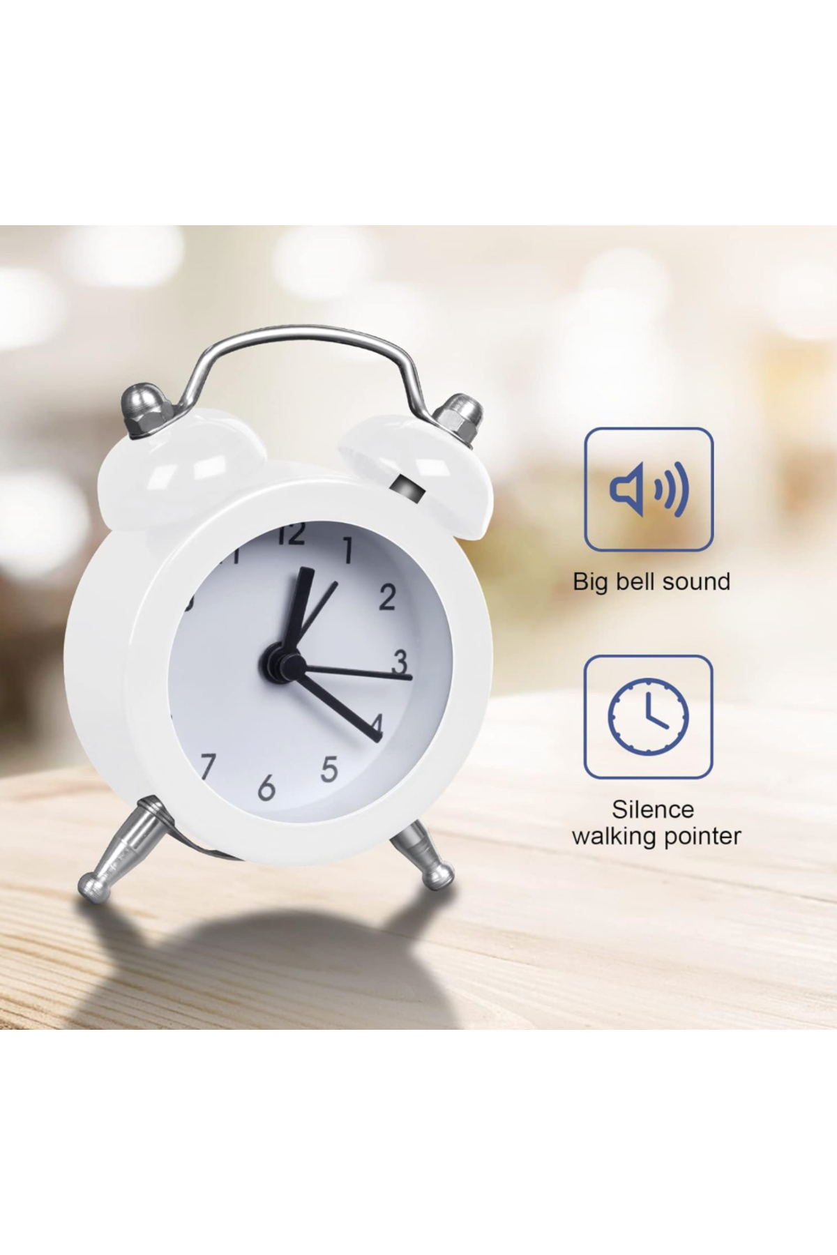 JujiKırtasiye Mini Beyaz Masaüstü Metal Çalar Saat