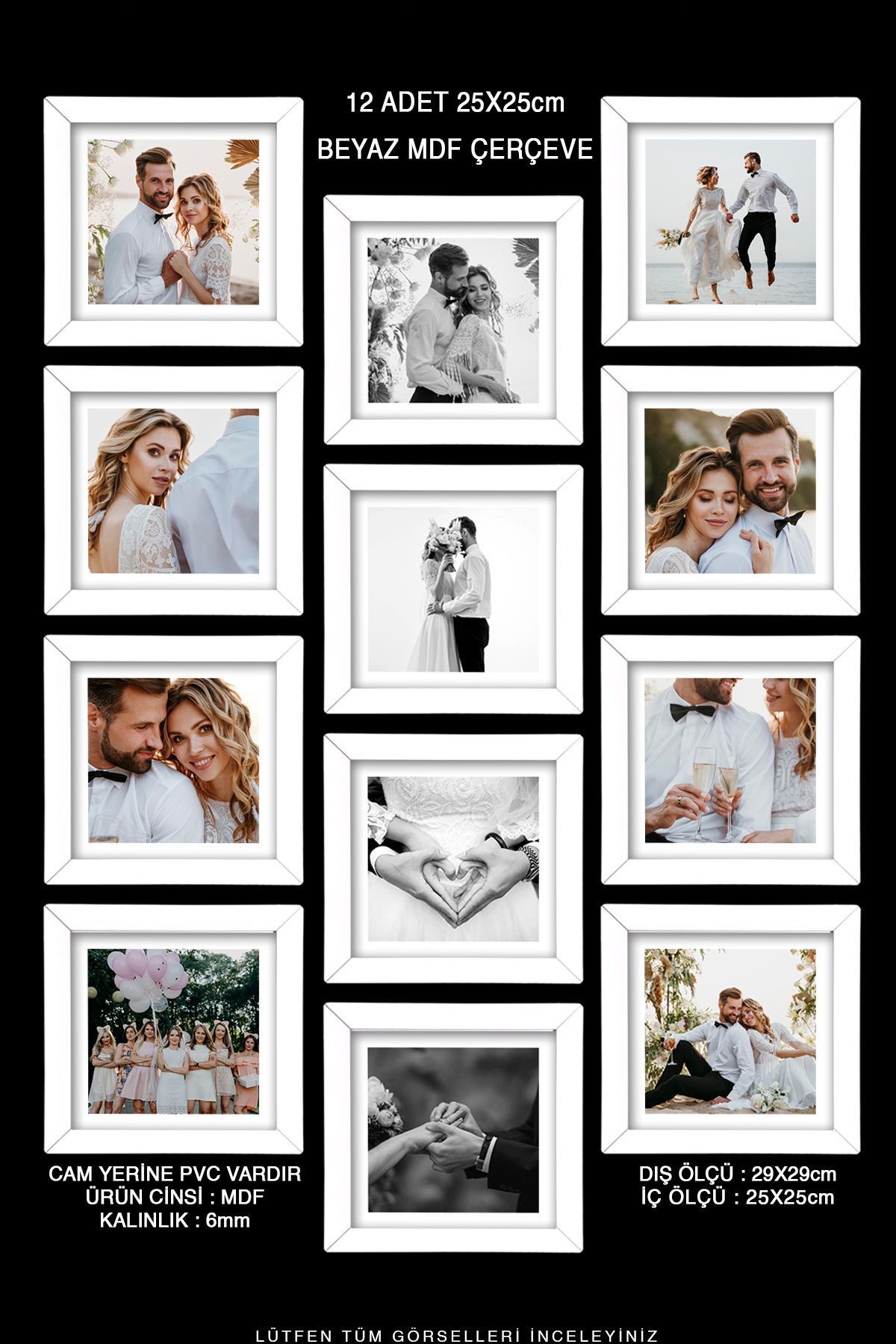 Bytwo-12 Pieces 25x25 Frame - Square Frame - MDF White Frame - Multiple Photo Frame Set 1