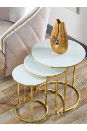 SEDAŞ LIVING UNITS 3' Lü Beyaz Temperli (Kırılmaz) Cam Gold Ayak Zigon Sehpa