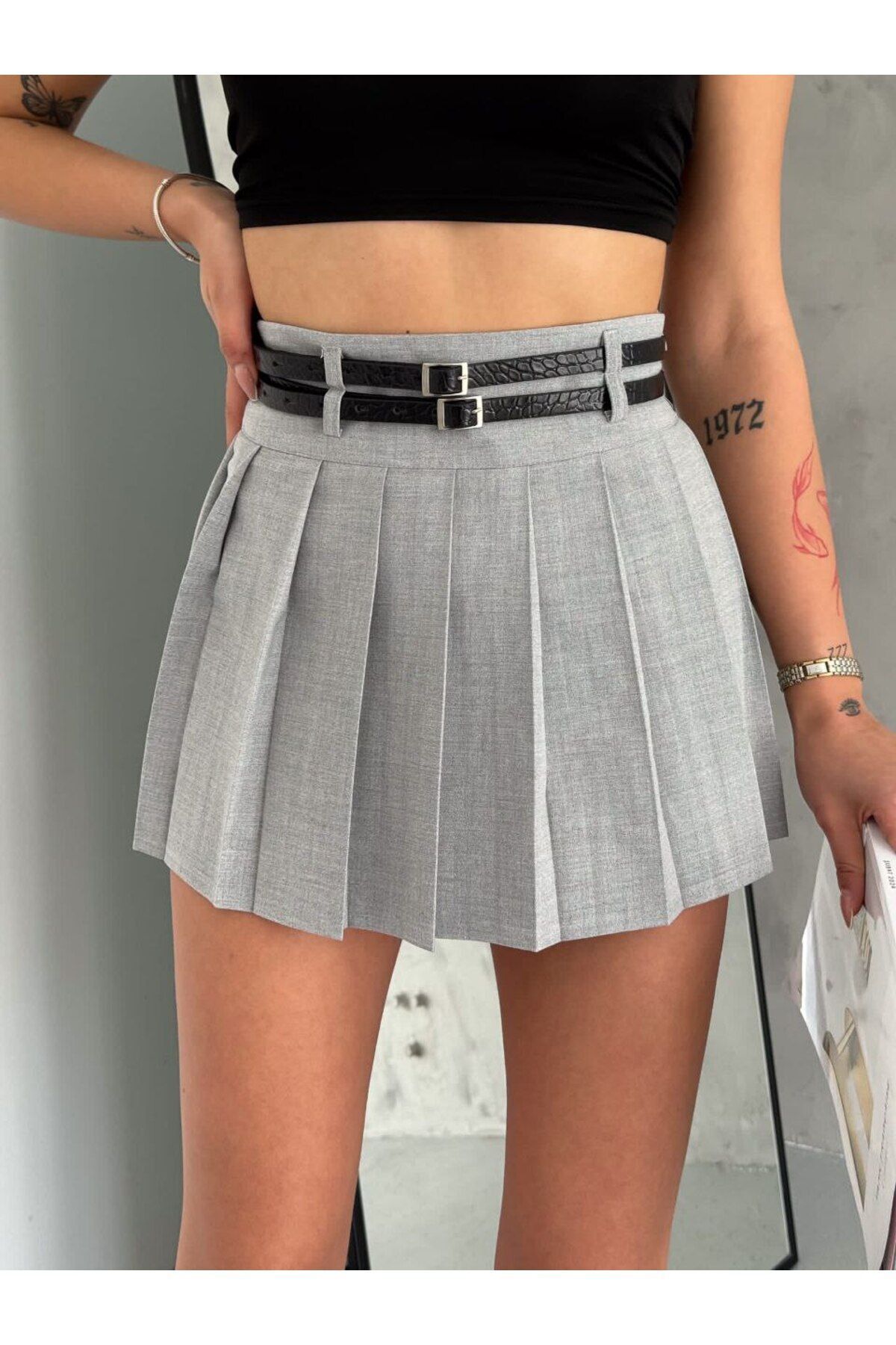 KALLİGA-pleated mini skirt with double belts 1