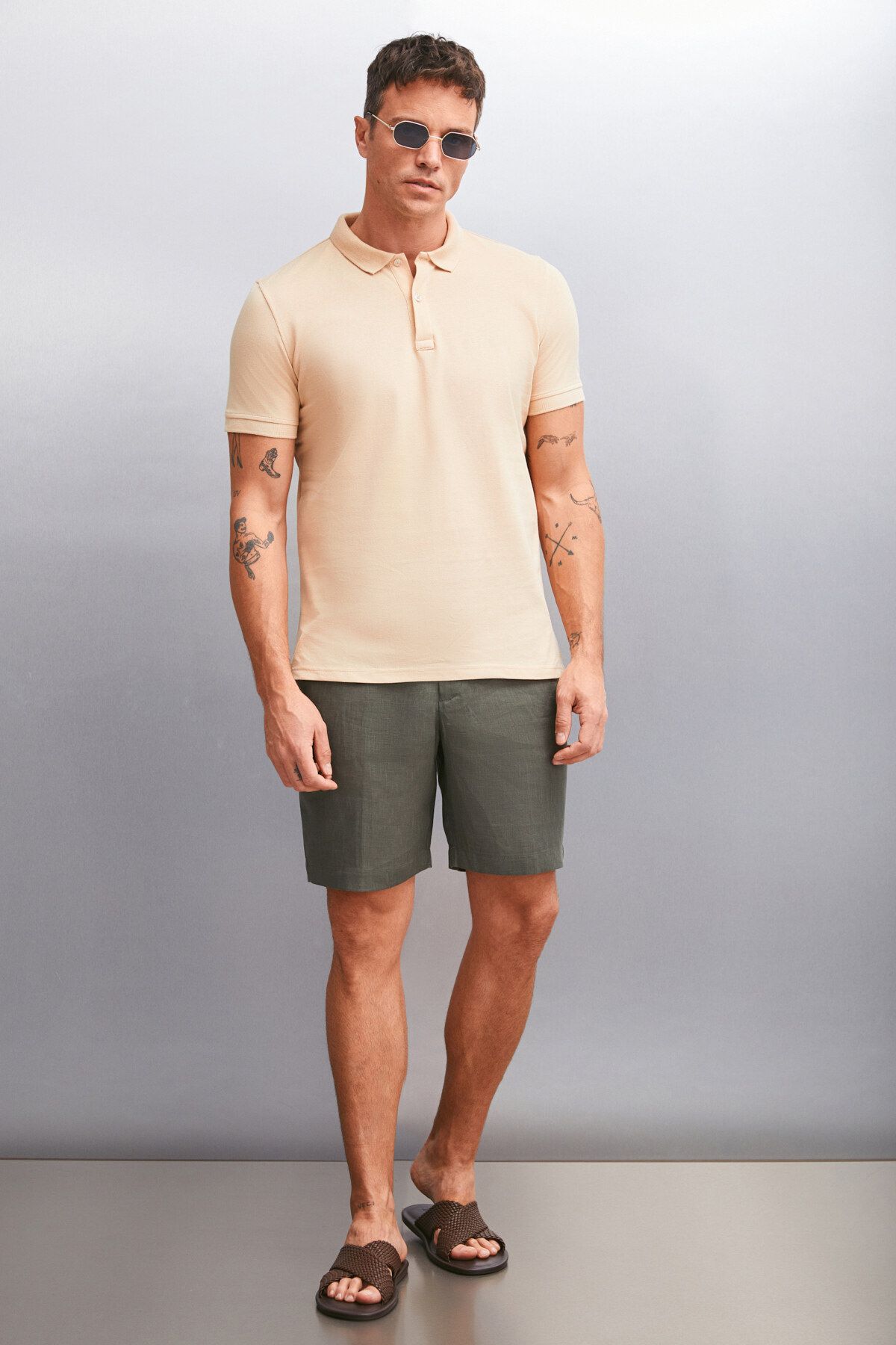 GRIMELANGE Marten Męski T-shirt Z Krótkim Rękawem, Wykonany W 100% Z Bawełny, O Regularnym Kroju, W Kolorze Beżowym, Z Kołnierzykiem Polo Mężczyzna -