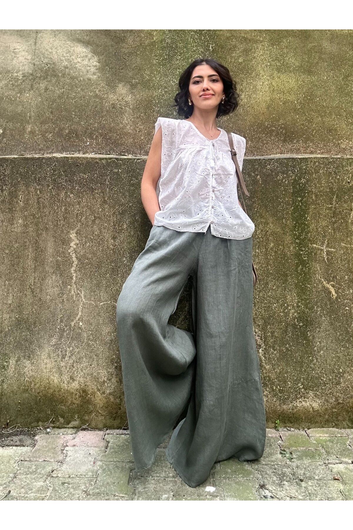 soBasic-Khaki Linen Trousers - Elastic Waist, Wide Leg, Pocket, STD Model 4