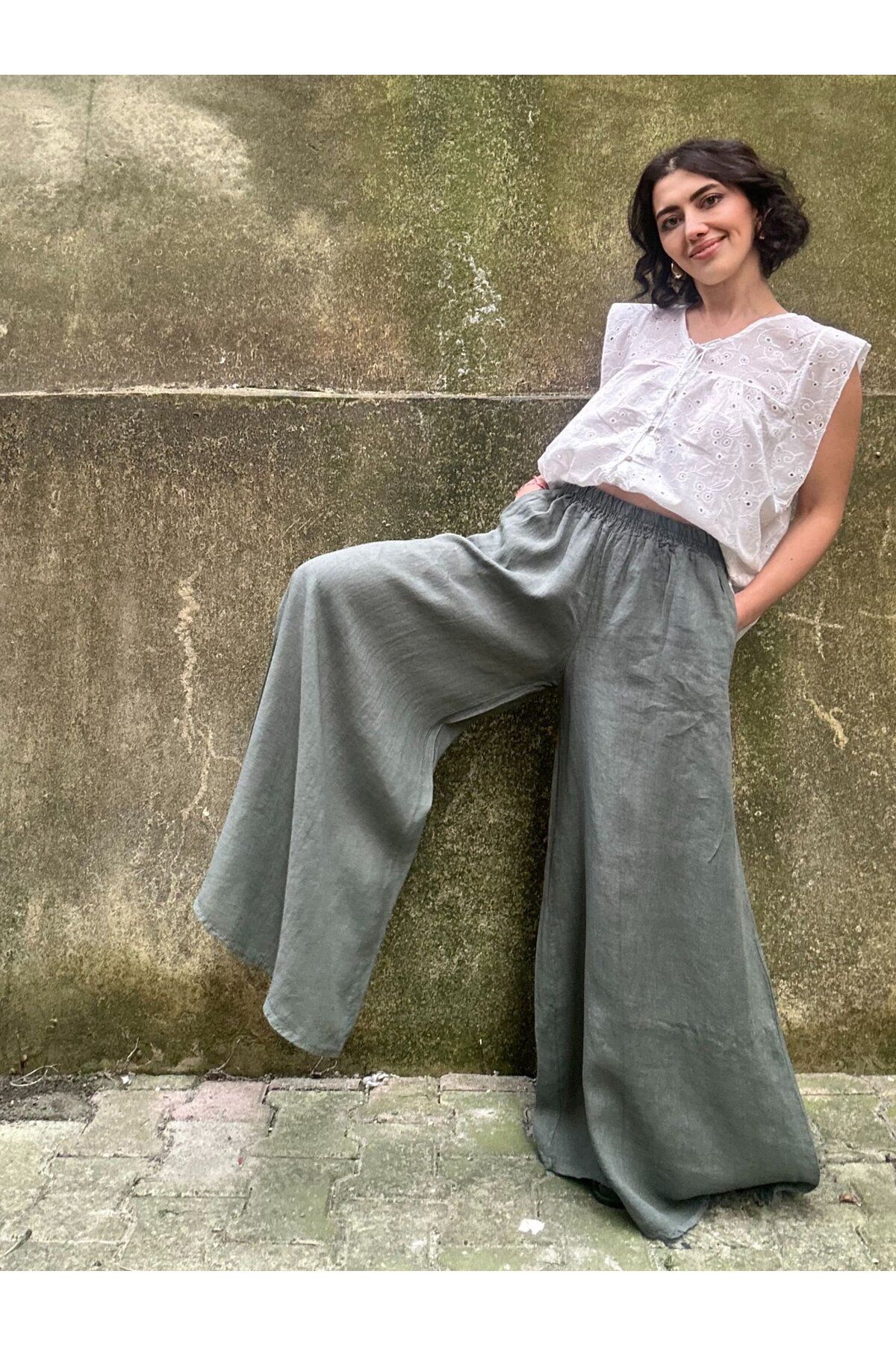 soBasic-Khaki Linen Trousers - Elastic Waist, Wide Leg, Pocket, STD Model 3