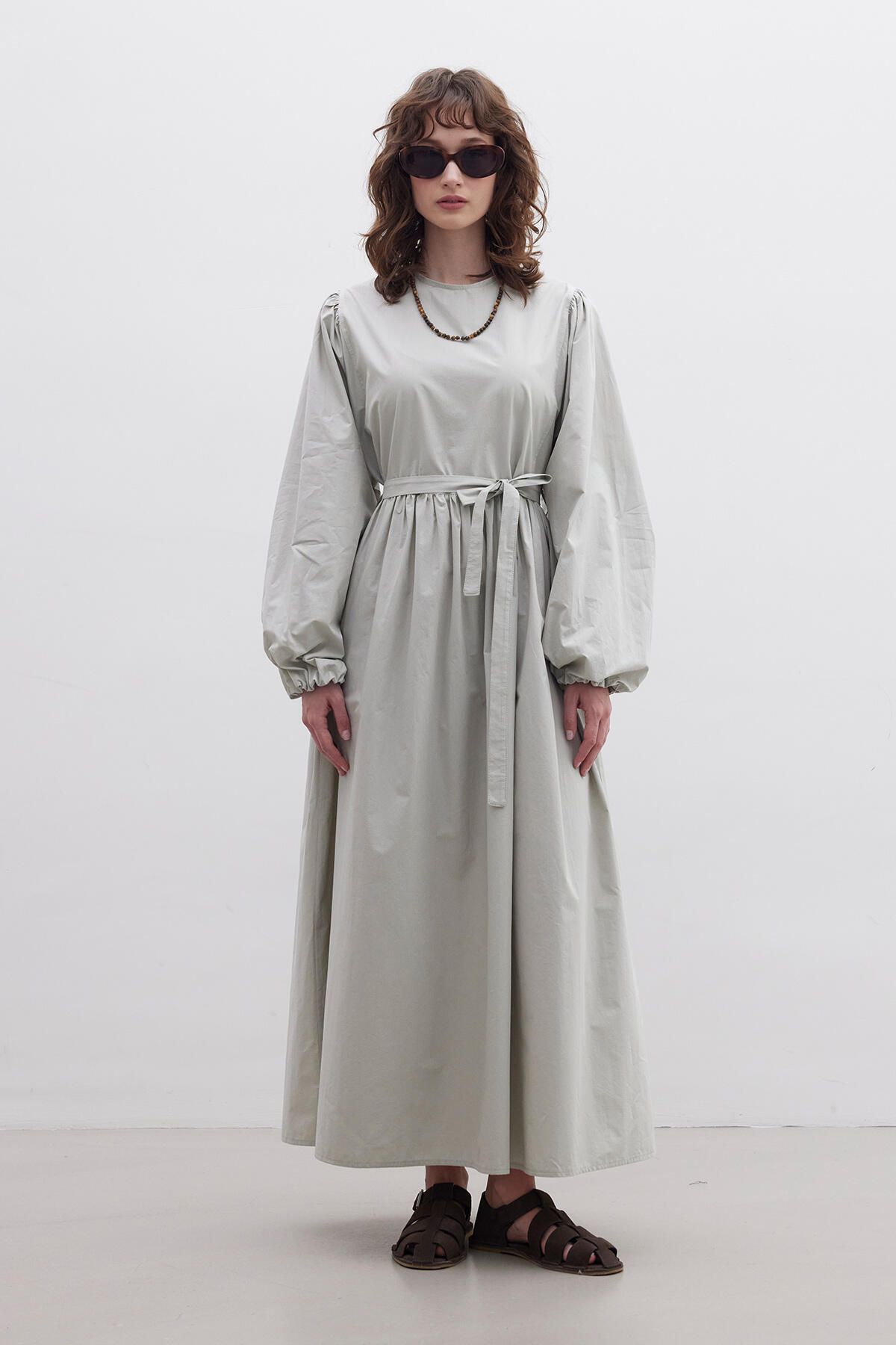 Manuka-Green Premium Poplin Gathered Dress 2