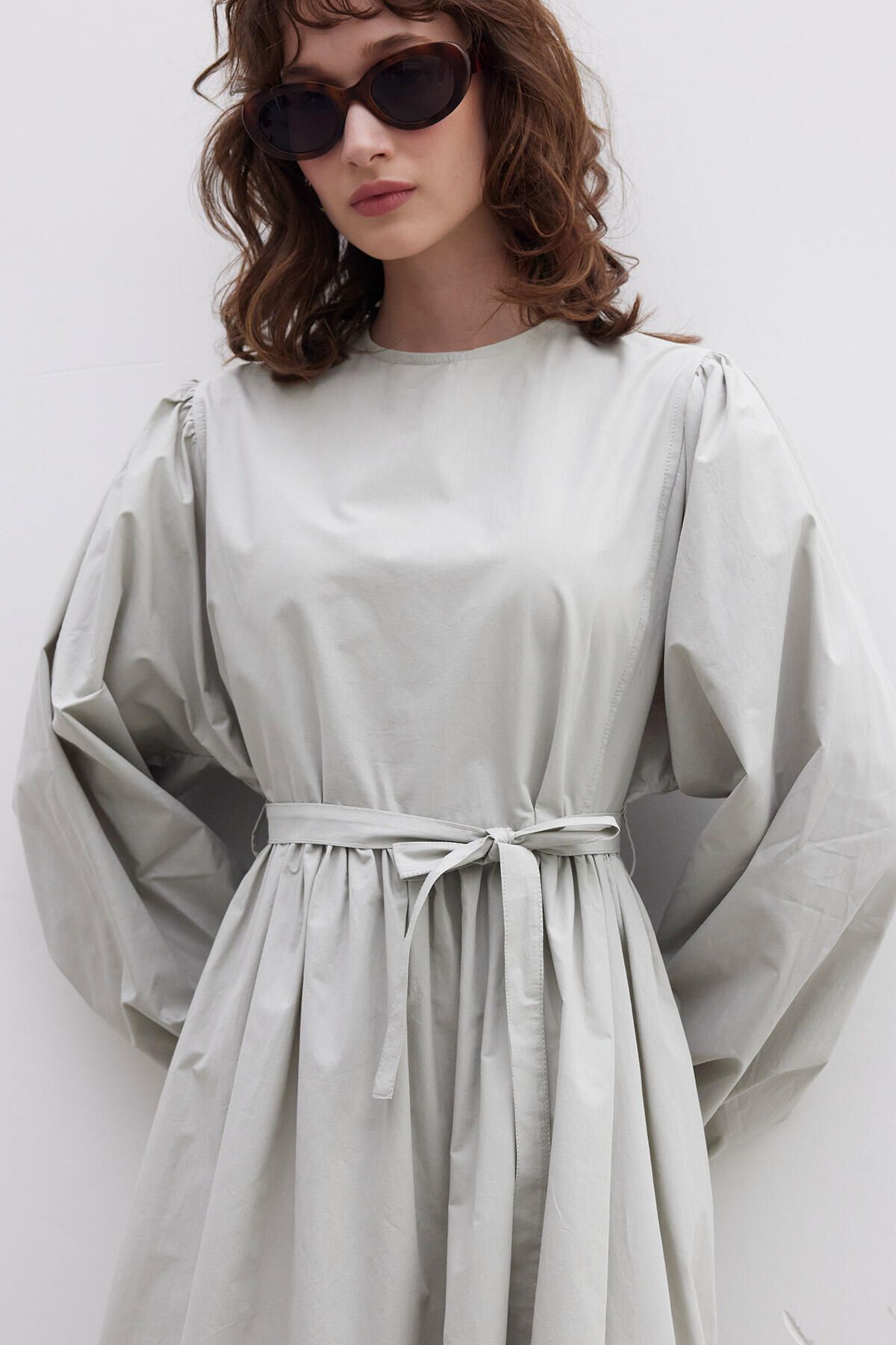 Manuka-Green Premium Poplin Gathered Dress 5