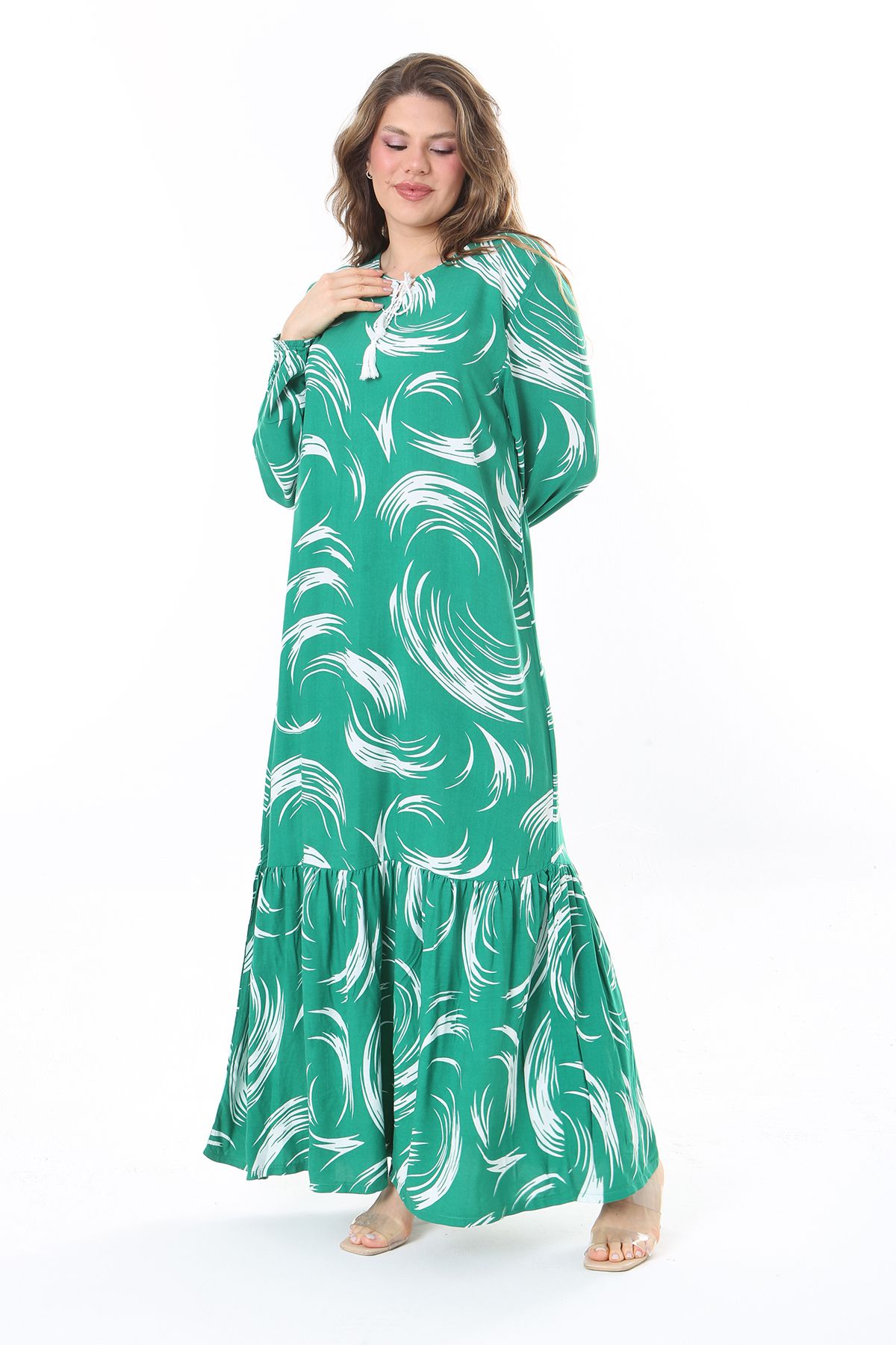 Şans-Green Viscose Plus méretű hosszú ujjú ruha réteges szoknyával - 65N33526 6