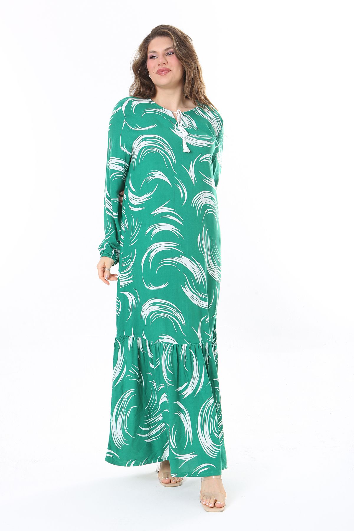 Şans-Green Viscose Plus méretű hosszú ujjú ruha réteges szoknyával - 65N33526 5