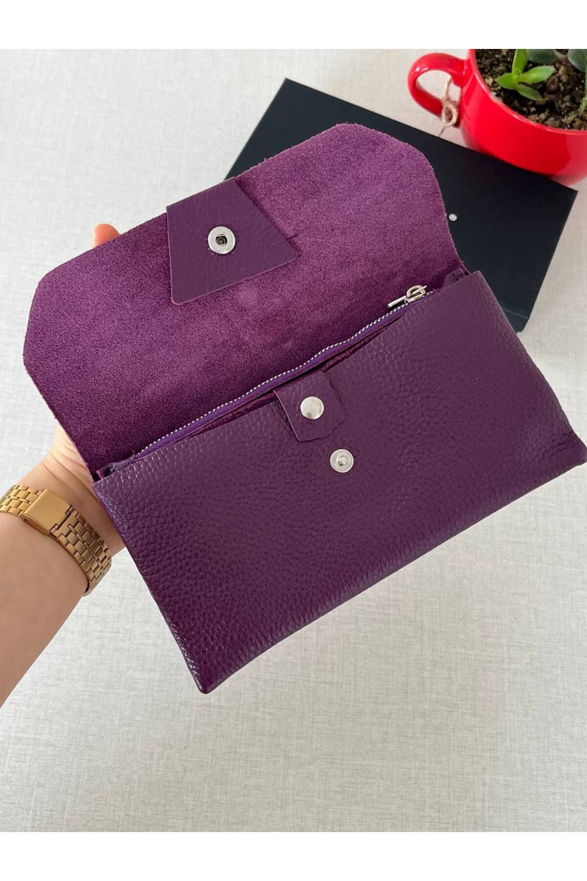 DERKON-Purple Genuine Leather Wallet with Phone Compartment - Natural Model 4