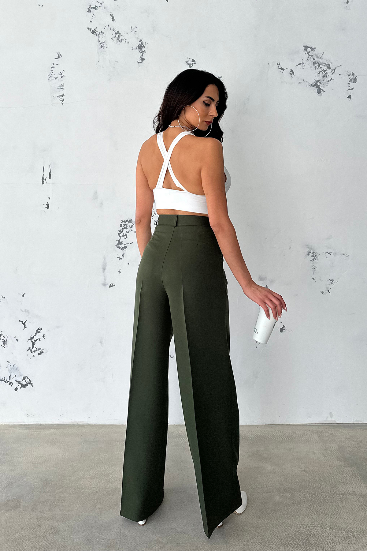 Ortaya Çık Dark Khaki Pleated Fabric Palazzo Trousers Trendyol
