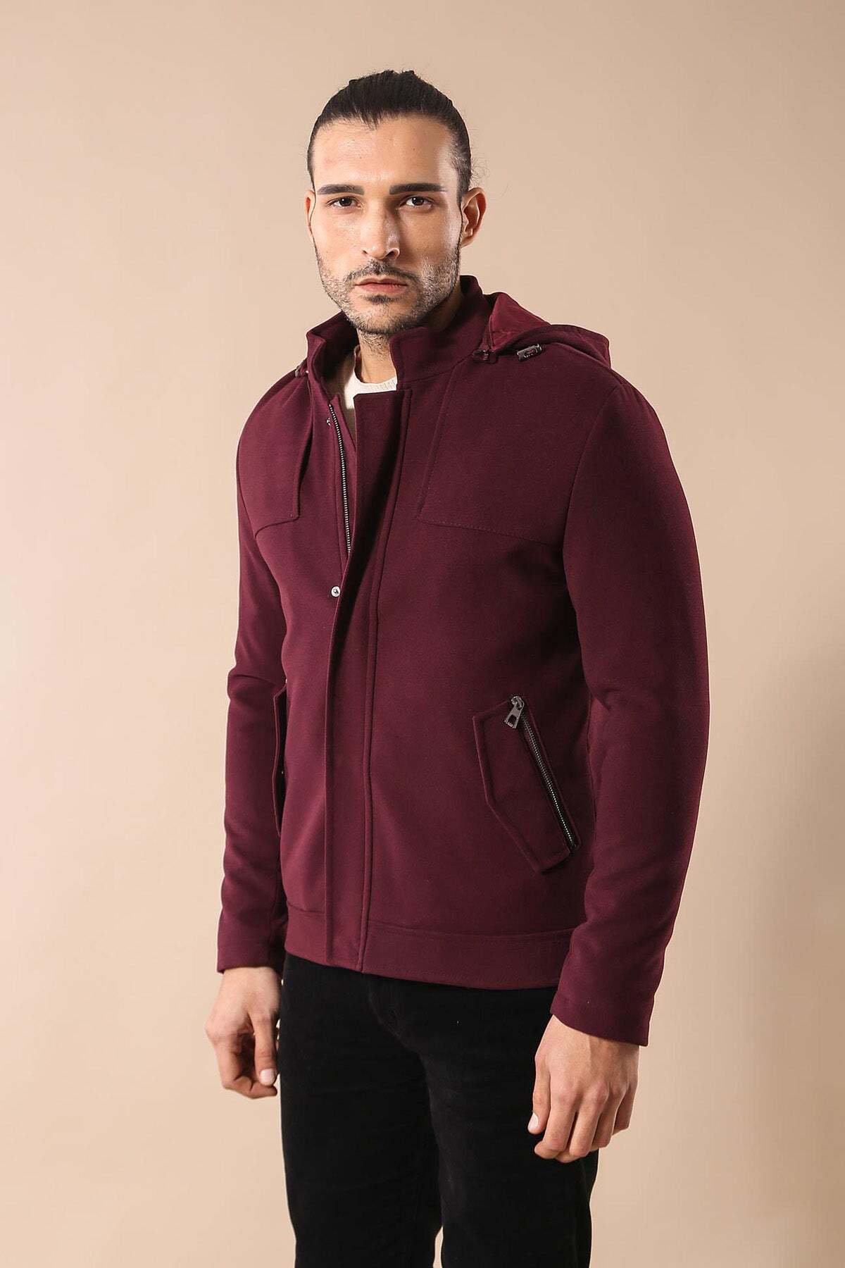 Kol Fermuarlı Kapşonlu Bordo Erkek Kaban - Wessi — زرشکی K-1450-808046 — تصویر 3 از 4