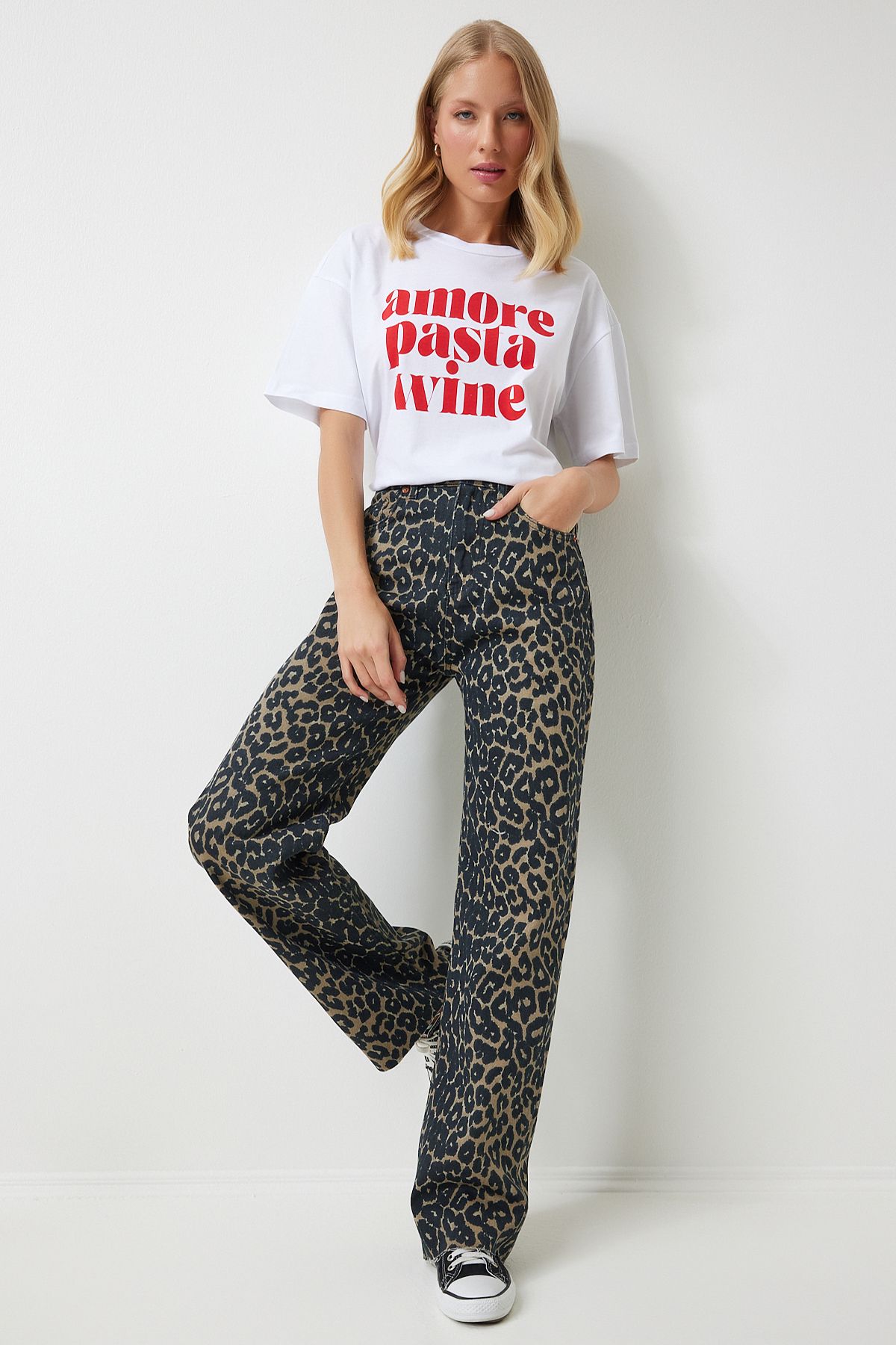 jeans droits à imprimé léopard noir et brun pour femmes ut00012
