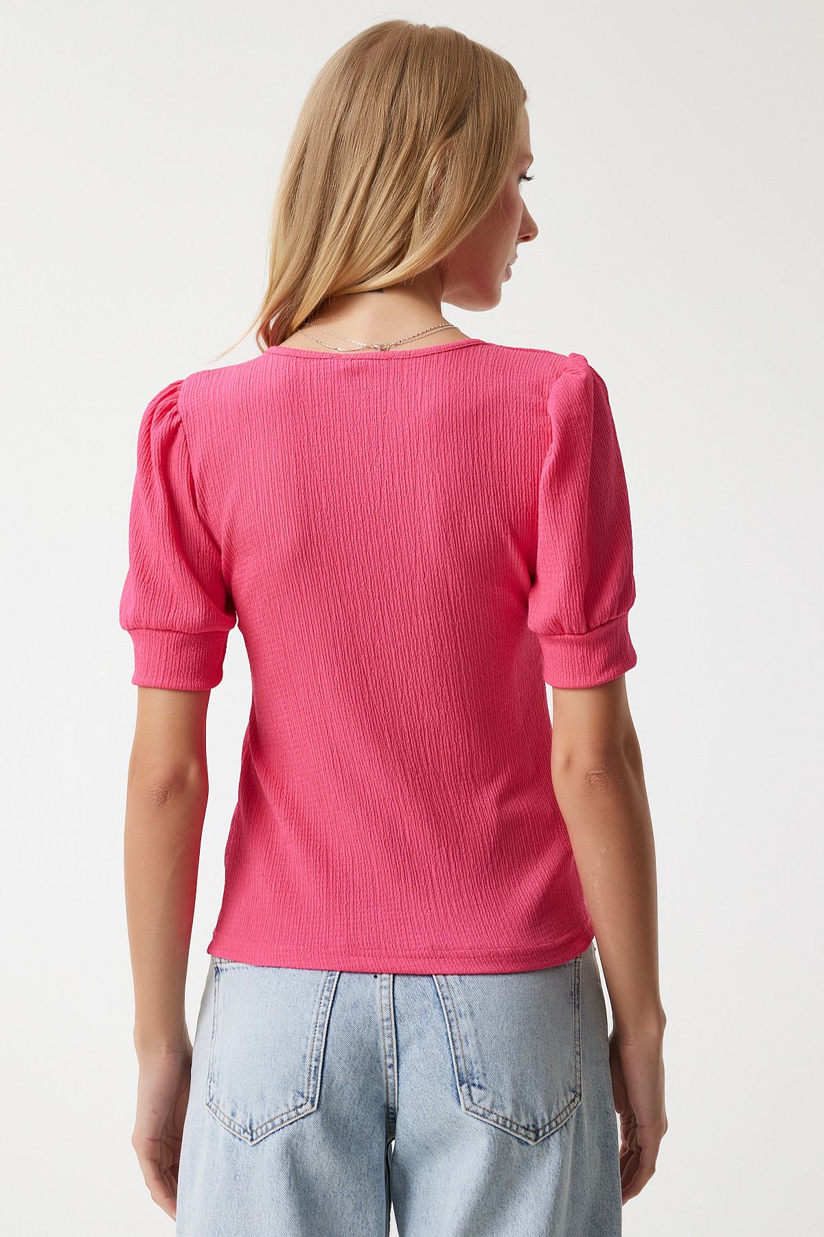 Happiness İstanbul-Dark Pink Women's Knitted Blouse - Square Collar, Balloon Sleeve, DD01051 7