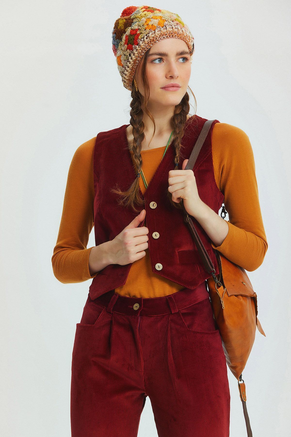 Clandestino-Bohemian Style Corduroy Trousers Claret Red 6