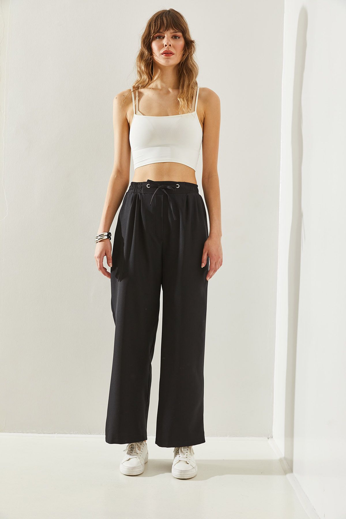 Bianco Lucci-Women's Palazzo Trousers with Eyelet Detail - Elastic Waist Tie60251233 2