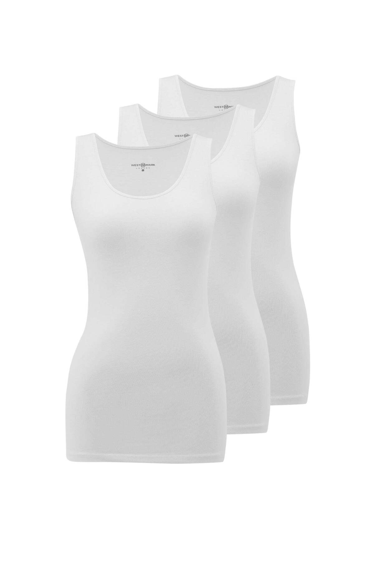 3-Pack White Crew Neck Cotton Elastane Blend Sleeveless Women Singlet Olivia TANK TOP