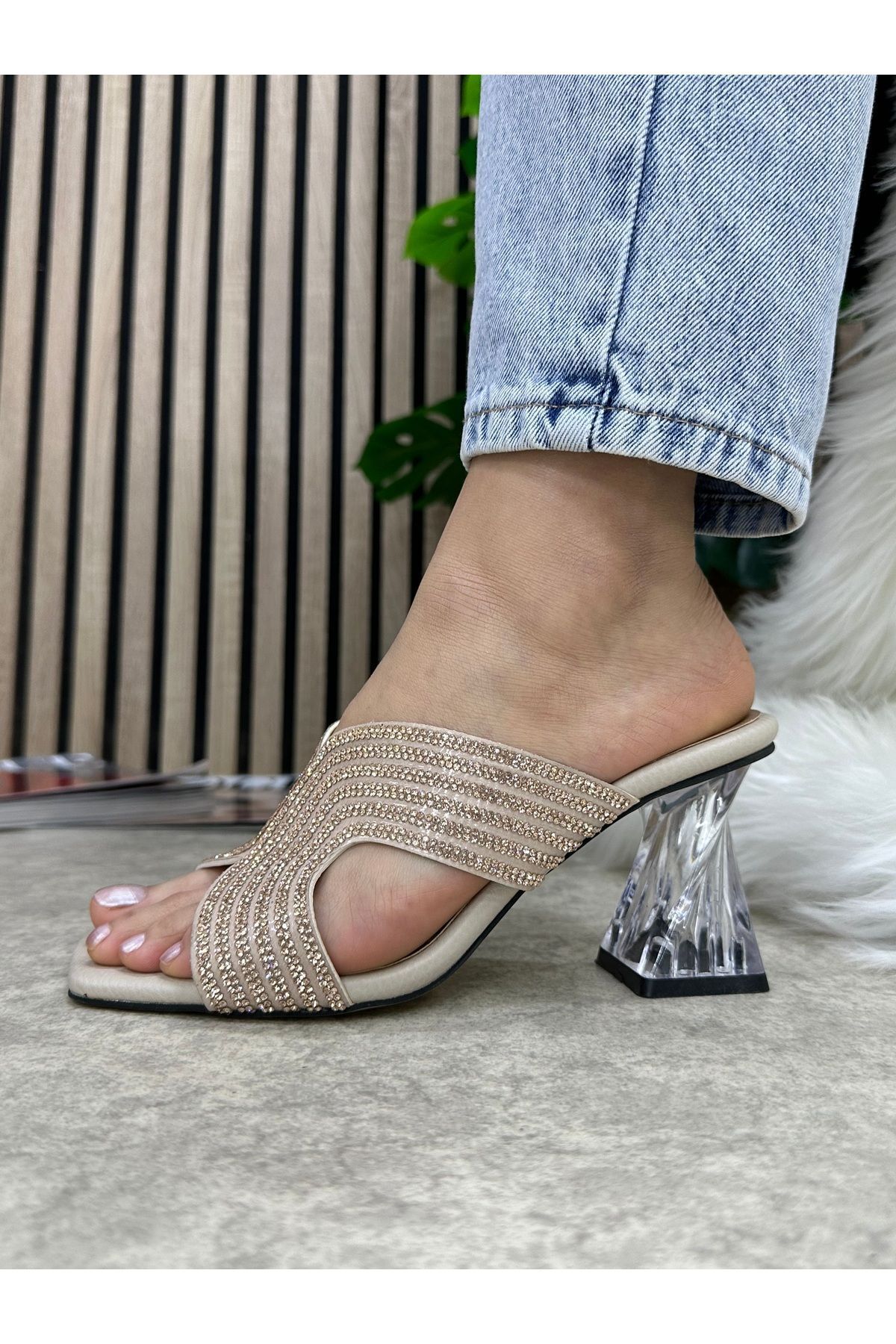 Nstil-Daily Women's Slippers Beige Matte Stone Blunt Toe Thick Transparent Heeled Comfortable Sole Lightweight Summer 84 2