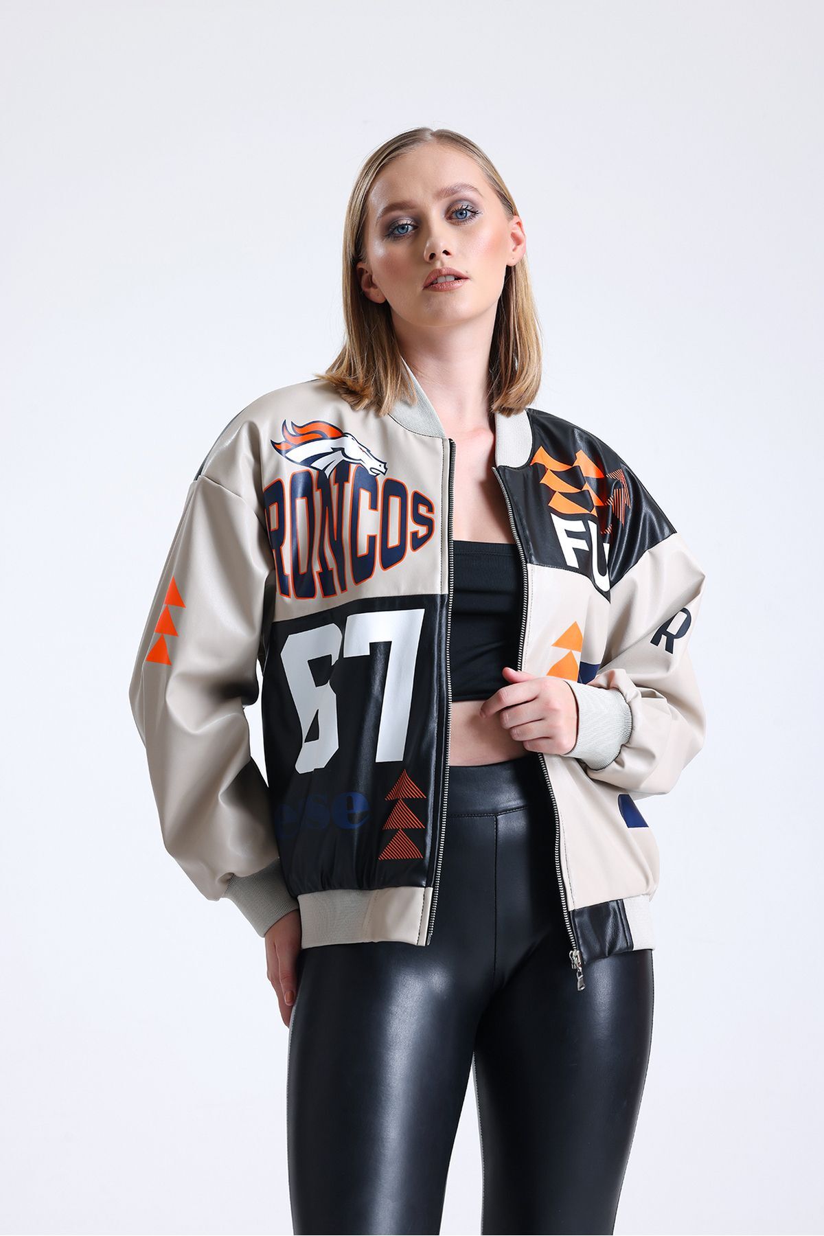 Women's Leather Oversize Printed Biker Jacket College Coat Biker Jacket Racer Jacket Beige Black