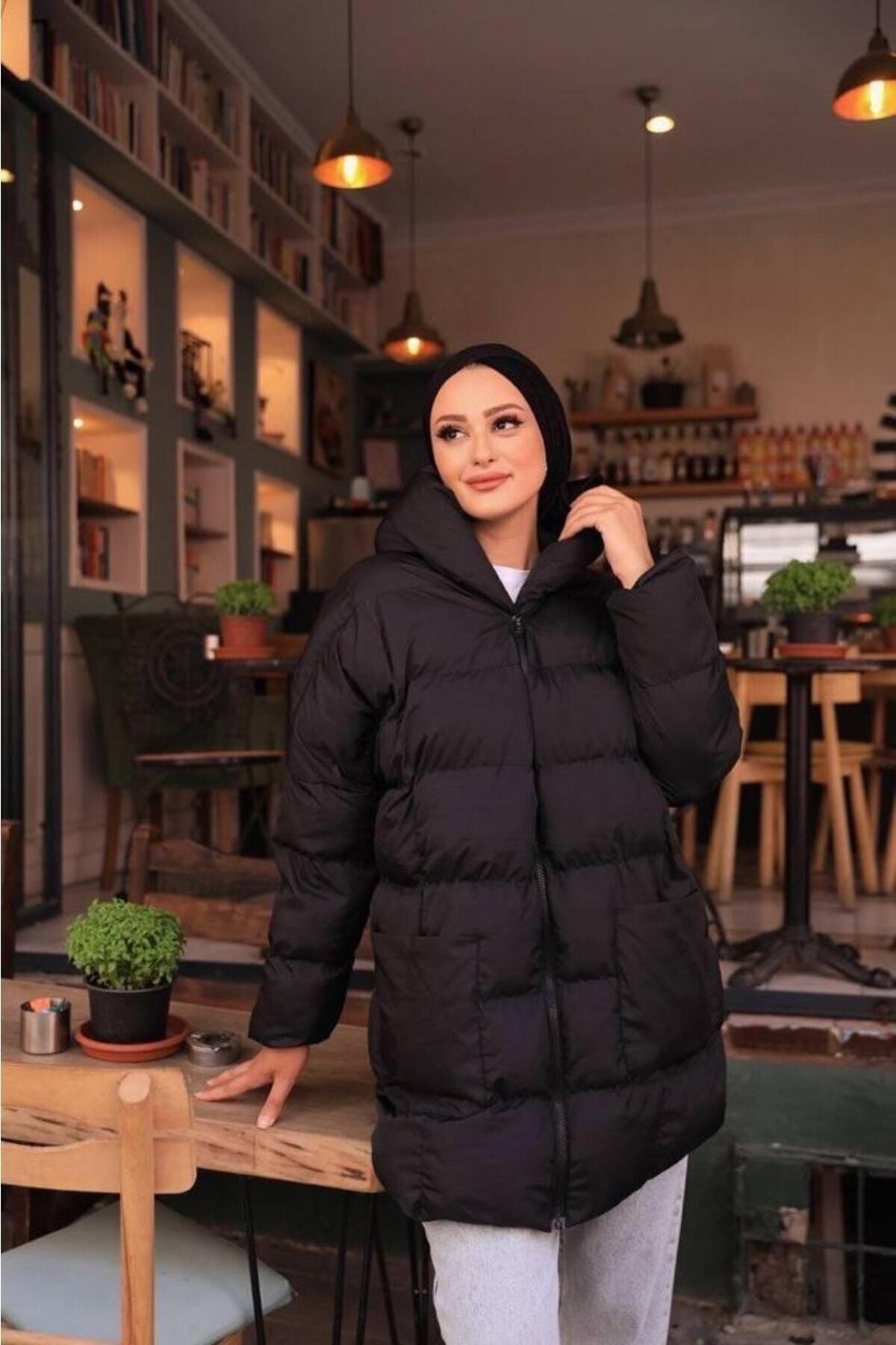 FULLMOONWOMEN Damski Czarny Puchowy Płaszcz Oversize Kobieta - Single Dimension