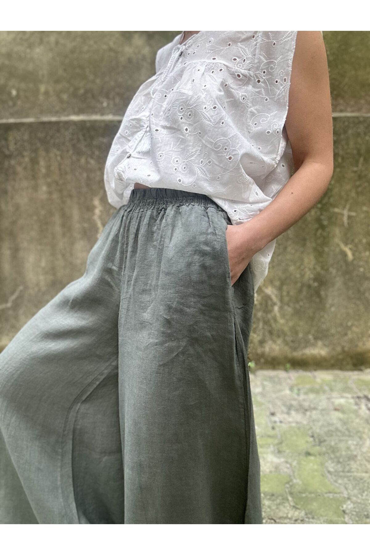 soBasic-Khaki Linen Trousers - Elastic Waist, Wide Leg, Pocket, STD Model 7