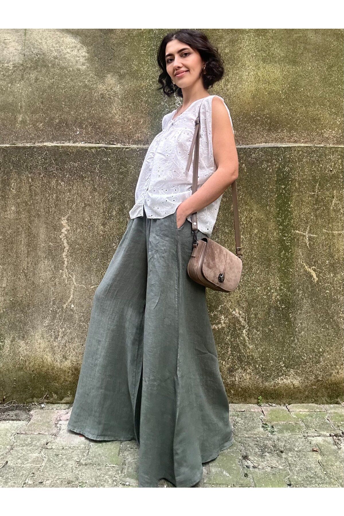 soBasic-Khaki Linen Trousers - Elastic Waist, Wide Leg, Pocket, STD Model 5