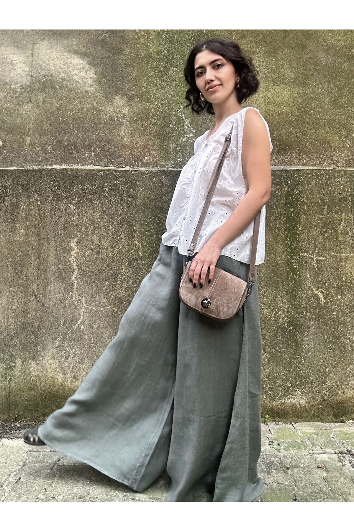 soBasic-Khaki Linen Trousers - Elastic Waist, Wide Leg, Pocket, STD Model 8