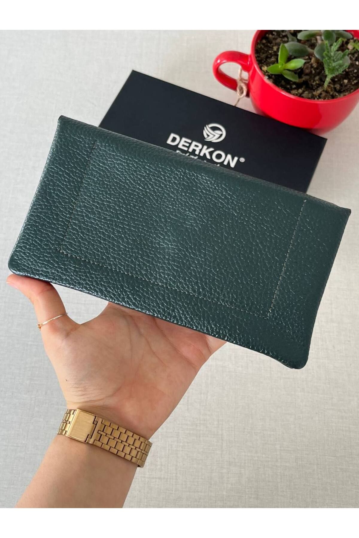 کیف پول مردانه و زنانه قسمت تلفن مدل طبیعی با چرمی واقعی سبز Derkon